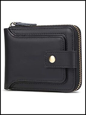 Genuine Leather RFID Blocking Zipper Wallet with Coin Pocket ID Window